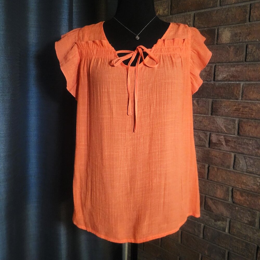 Nanette Lepore Ruffle Sleeve Orange Blouse Smocked Shoulder - Size L